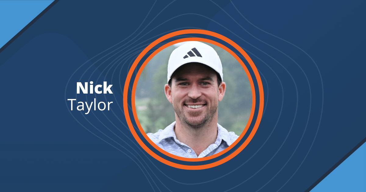Nick Taylor on blue background with round, orange frame