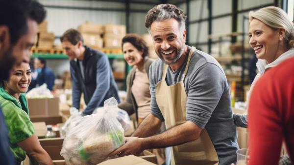 smiling man volunteering holding bag of groceries