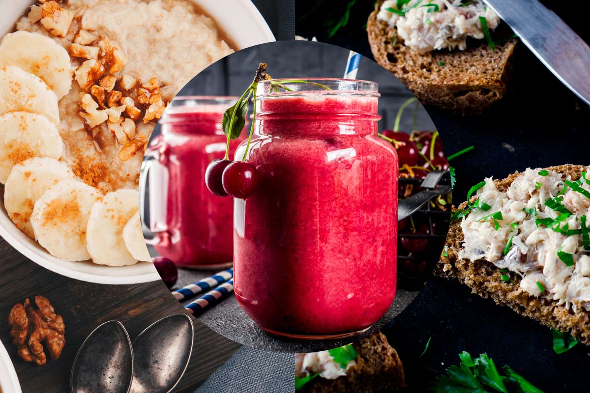 cherry smoothie, oatmeal and banana, and tuna toast