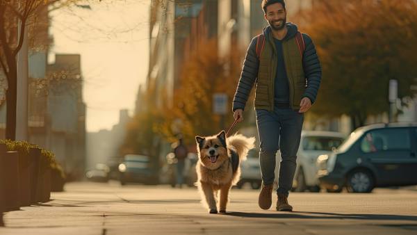 man walking his dog at sunset on sidewalk